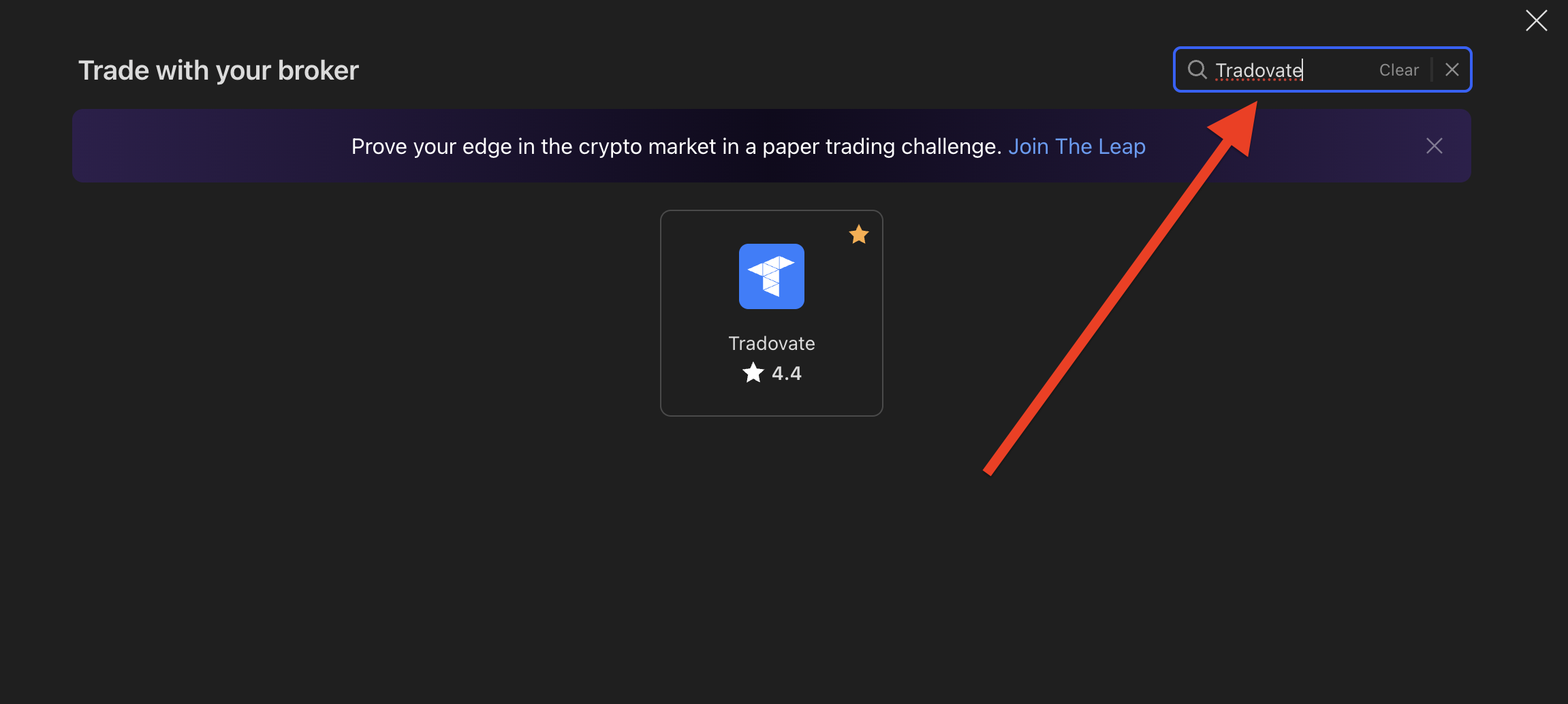 TradingView broker search results showing Tradovate Live and Tradovate Demo, with Demo selected