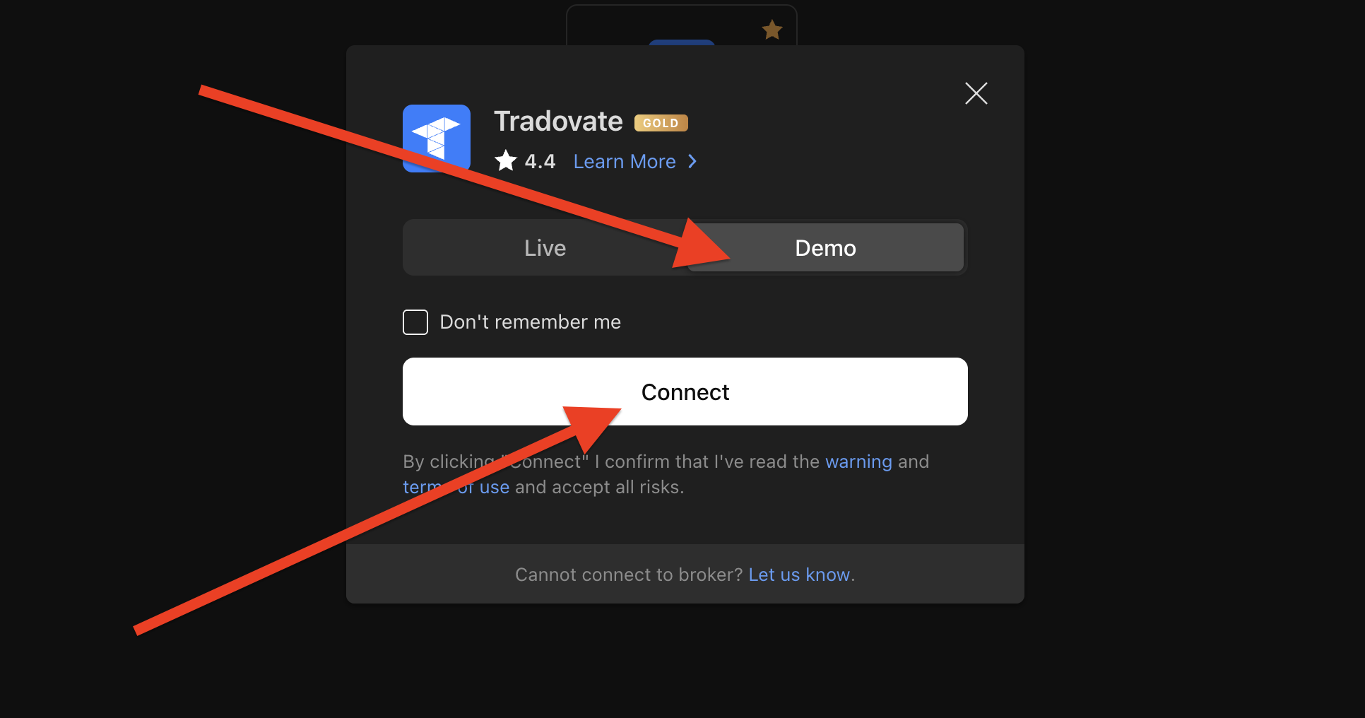 TradingView broker search results showing Tradovate Live and Tradovate Demo, with Demo selected