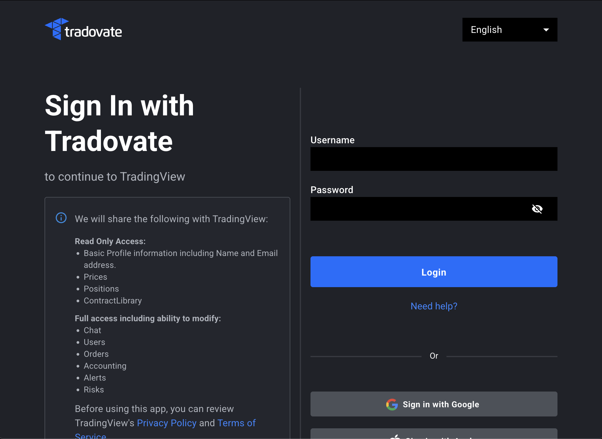 Tradovate login modal opened inside TradingView with the username and password fields visible