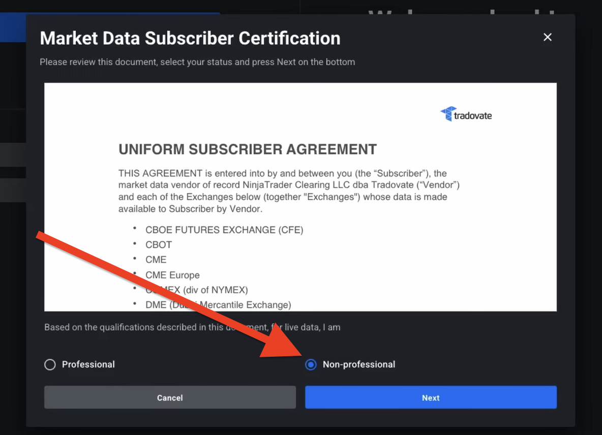 Tradovate Market Data Subscriber Certification page with the Nonprofessional option selected