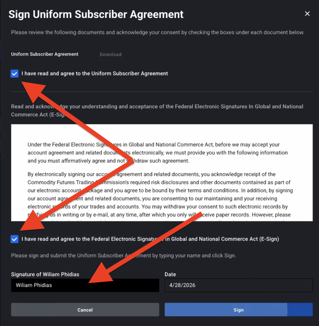 Tradovate Uniform Subscriber Agreement signature page with the trader name typed in the electronic signature field