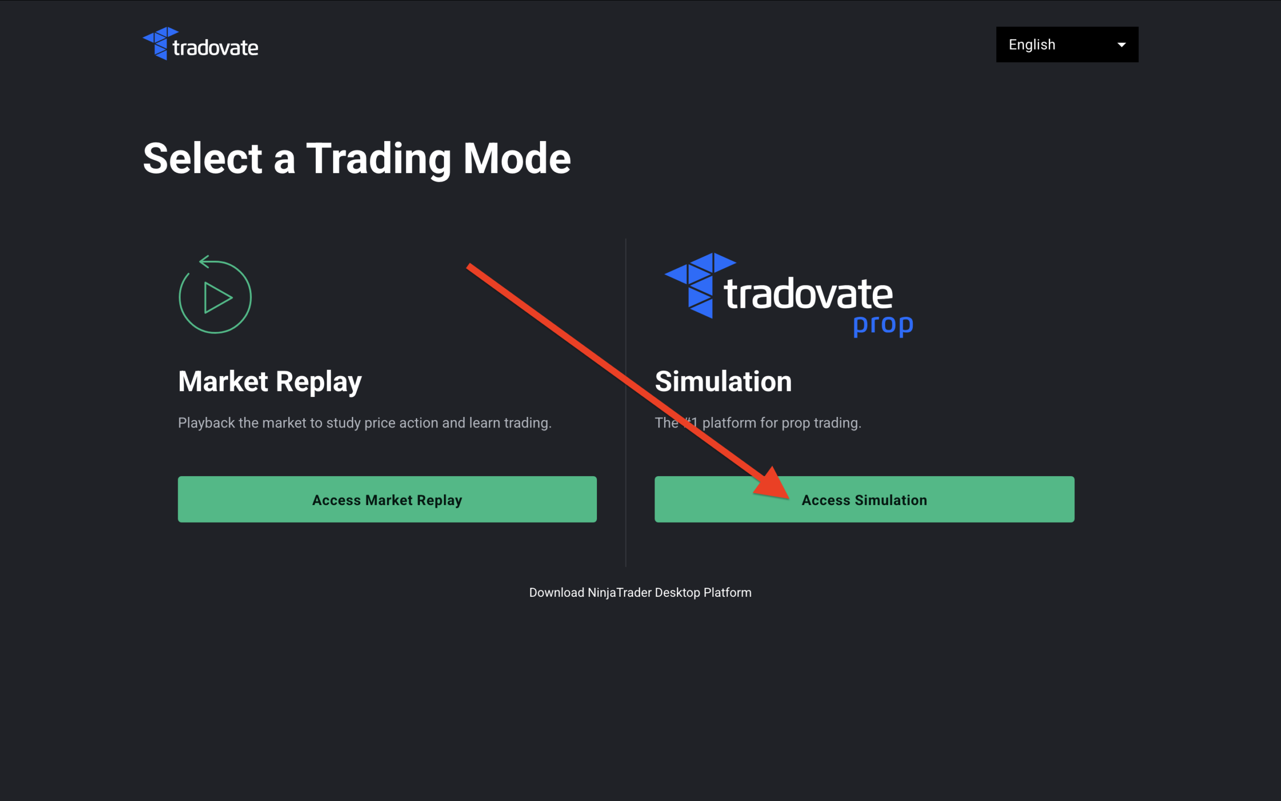 Tradovate post-agreement screen with the Access Simulation button highlighted