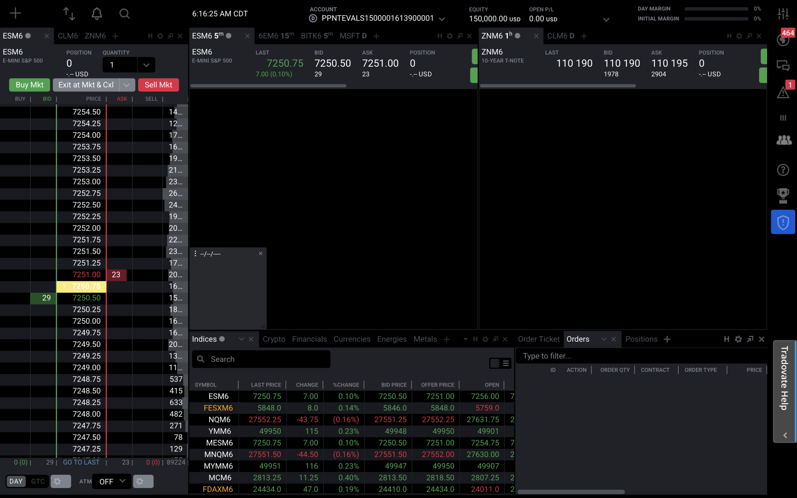 Tradovate web app fully logged in showing the Phidias account number and equity at the top