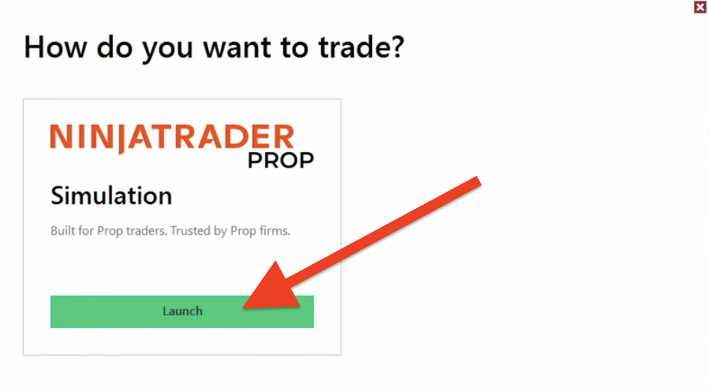 NinjaTrader post-login screen with the Launch button highlighted