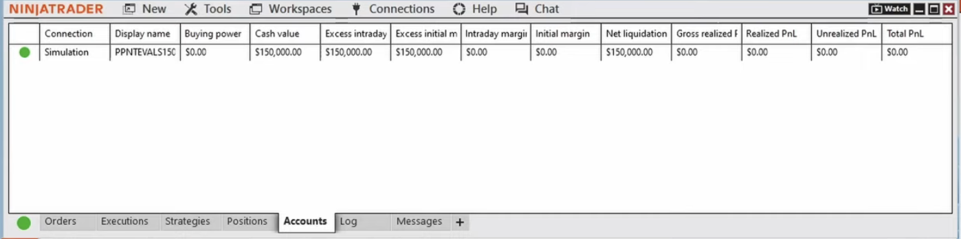 NinjaTrader Control Center showing the green connection dot and the Phidias account with display name, cash value and net liquidation visible