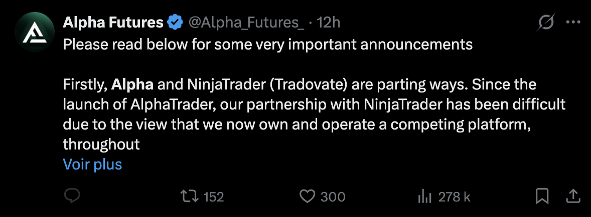 Alpha Futures official X post: Alpha and NinjaTrader (Tradovate) are parting ways