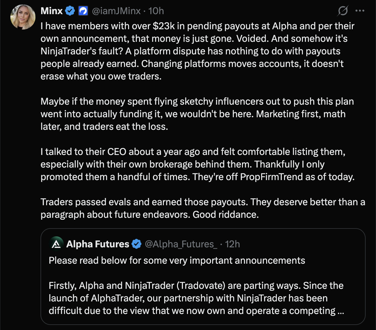 Minx X post claiming members have over 23K in pending Alpha payouts voided, announcing PropFirmTrend delisting
