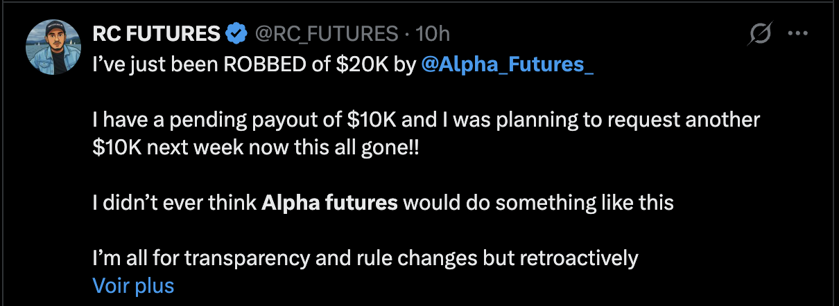 RC Futures X post alleging he was robbed of 20K after a pending payout was replaced with a 500 account refund