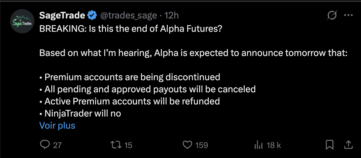 SageTrade X post asking if this is the end of Alpha Futures, listing Premium discontinuation and canceled payouts