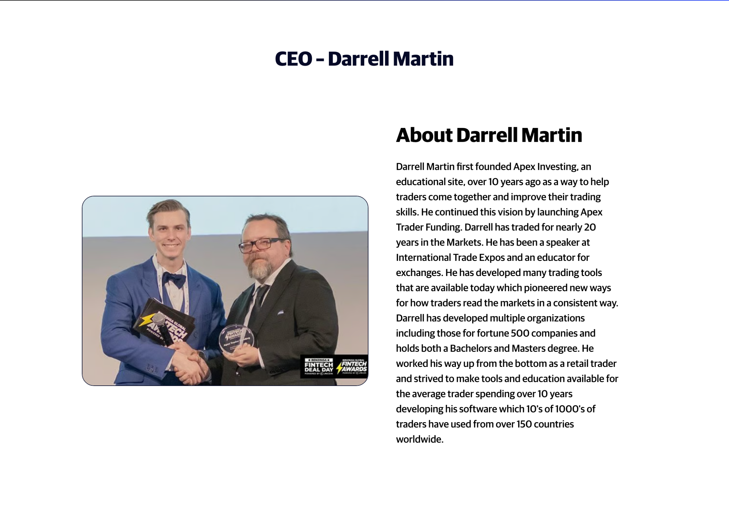 Apex Trader Funding CEO Darrell Martin receiving a Benzinga Fintech award, from the Apex About page
