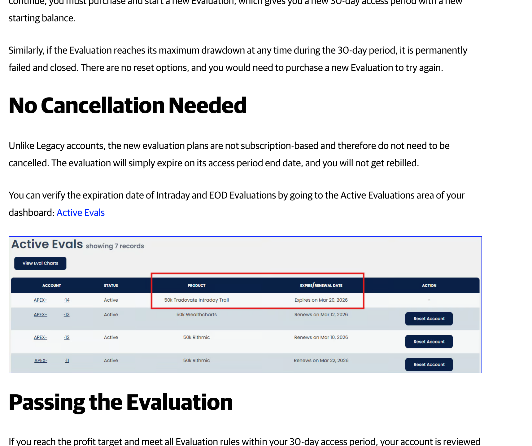 Apex evaluation: one-time fee, 30-day access, not a subscription, no resets, buy a new eval to try again